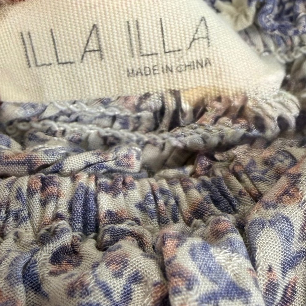 ILLA ILLA Patchwork Jumpsuit Womens L Blue Boho Off Shoulder Wide Leg Rayon - Picture 8 of 13